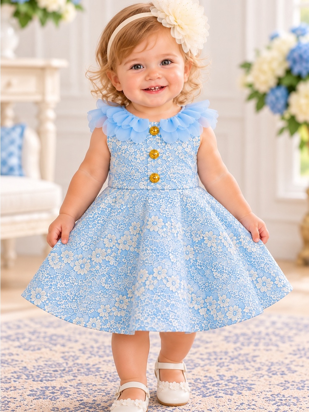Genuine Kids OshKosh Baby Girl 12M Blue Floral Dress + Headband